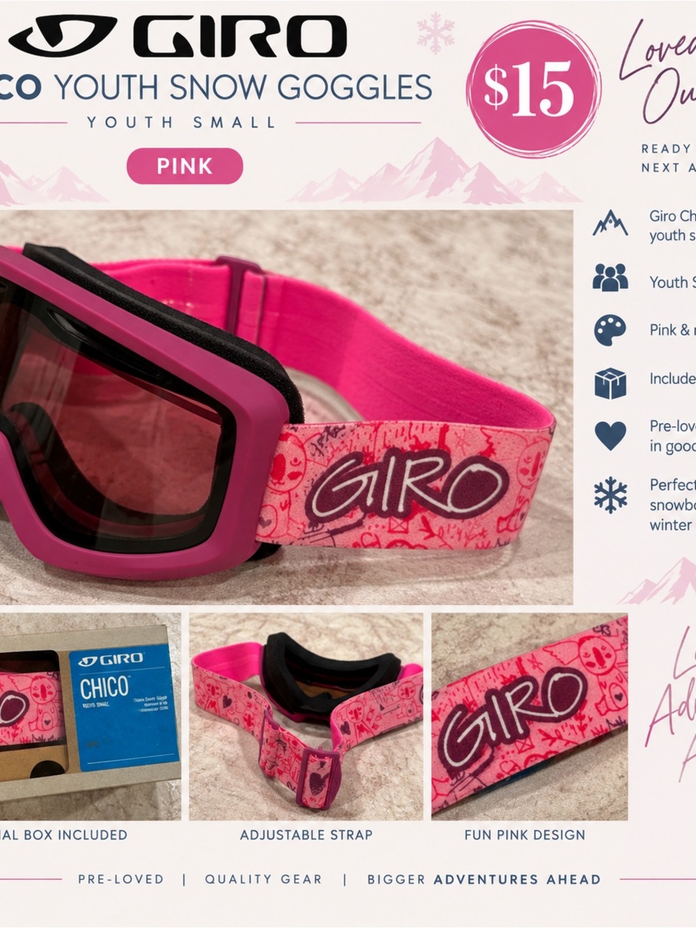 Giro Kids Pink Snow Goggles with Graphic Strap
